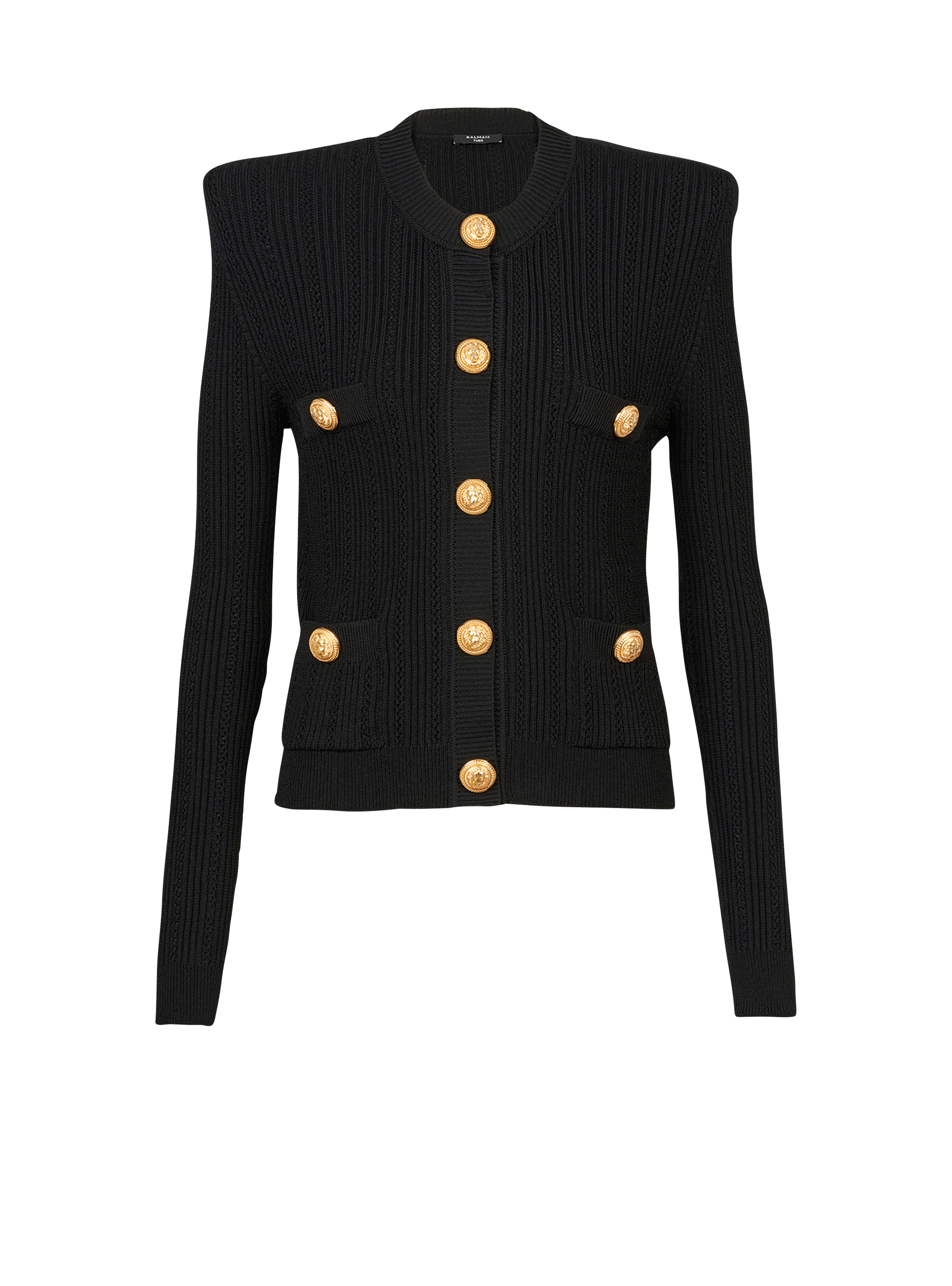 Cropped eco-designed knit cardigan with gold-tone buttons, black