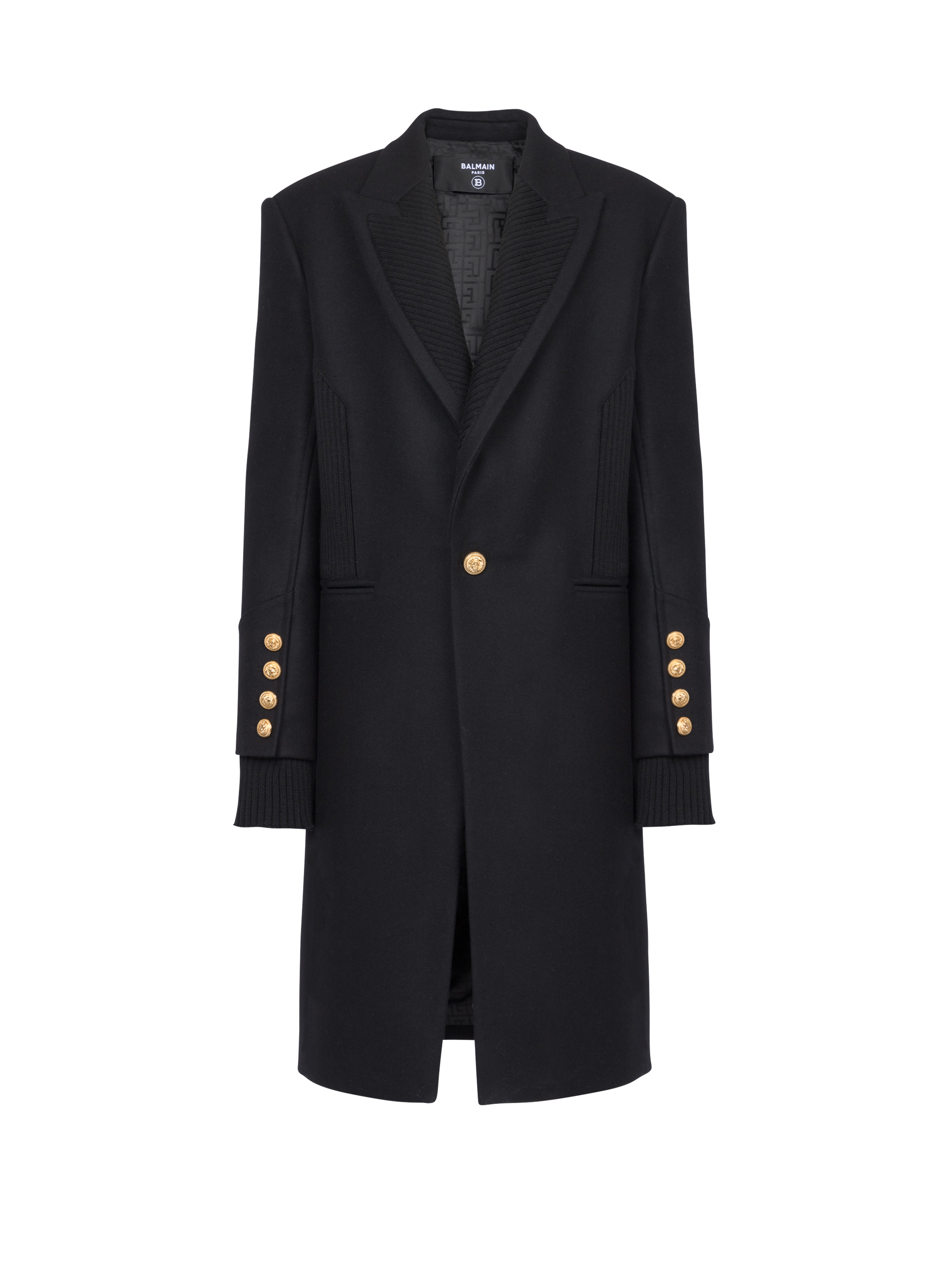 Long wool coat with monogram-patterned collar and lining, black
