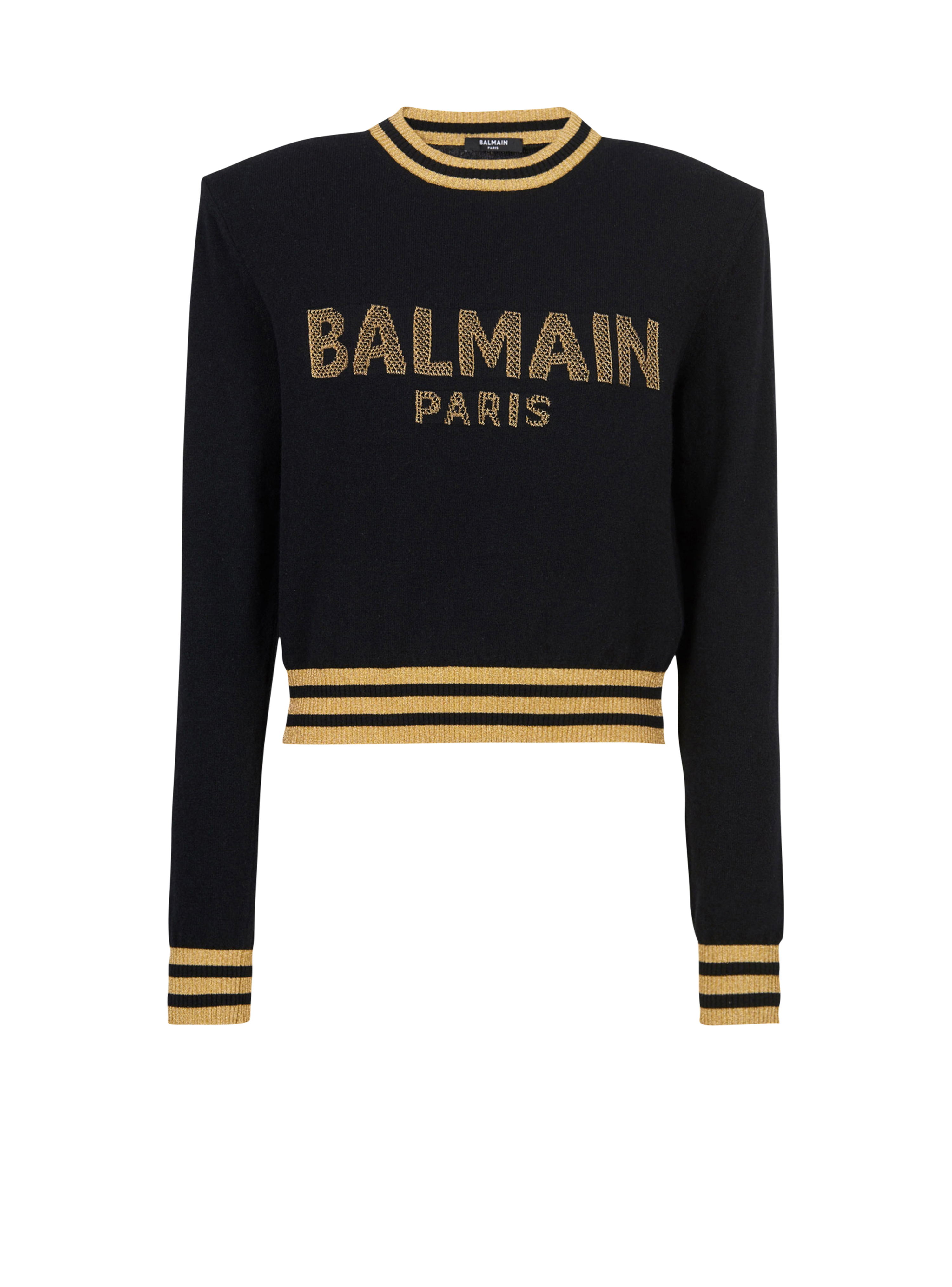 Cropped wool sweatshirt with gold Balmain logo, black