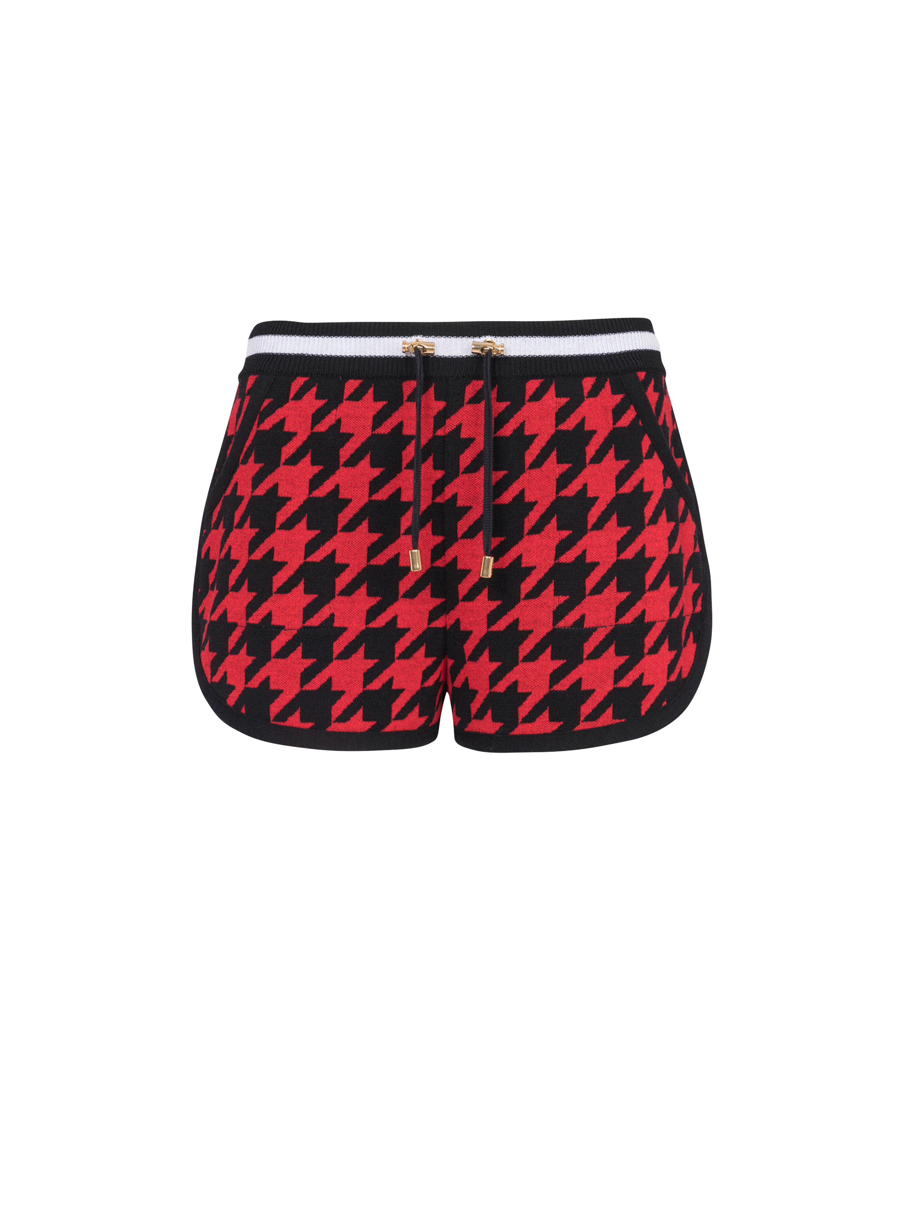 Houndstooth print knit shorts, red
