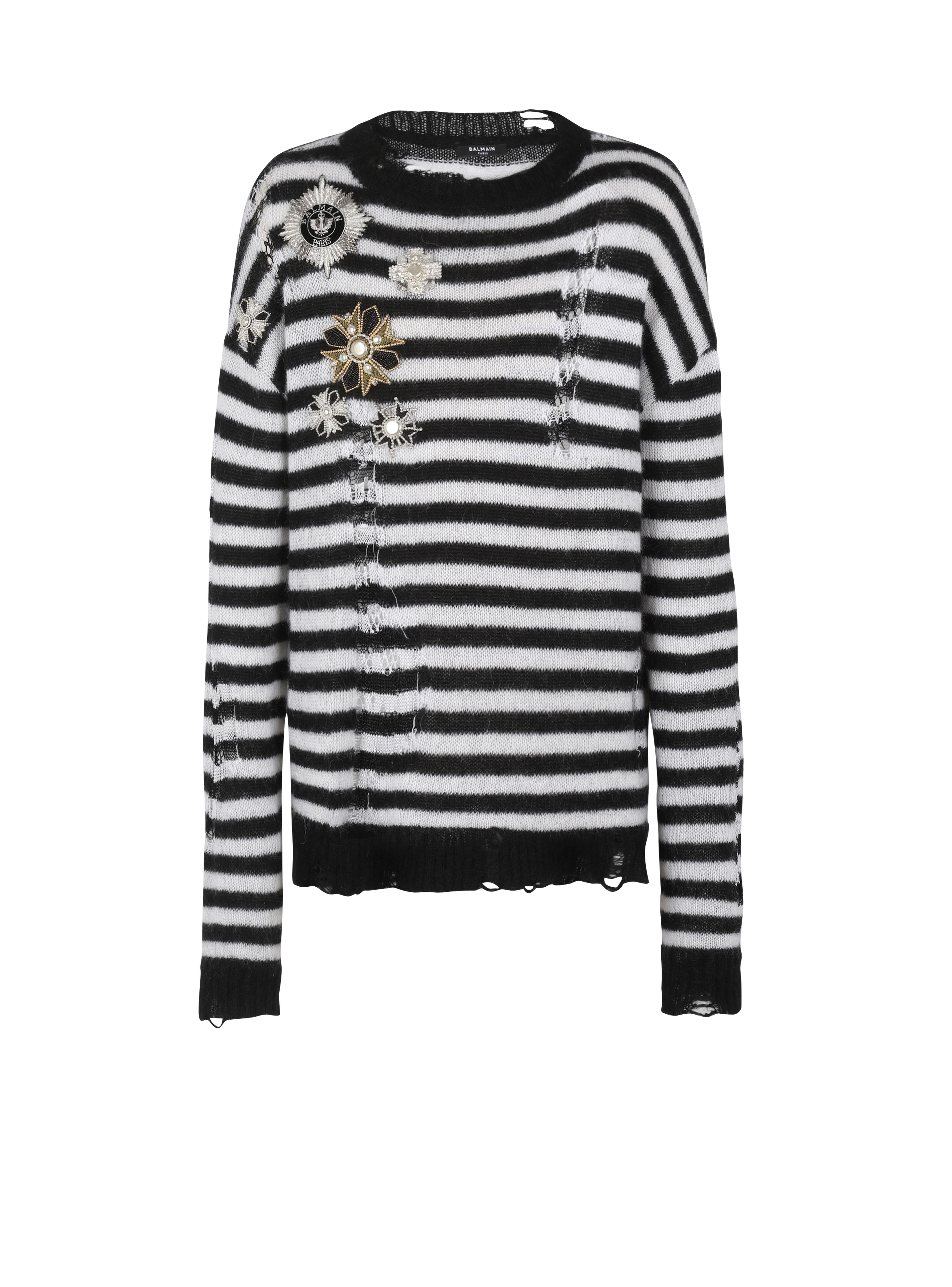 Unisex - Ripped knit nautical sweater with brooches, black