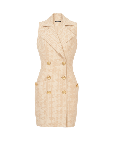 Short Balmain monogram jacquard dress with gold-tone double-buttoned fastening