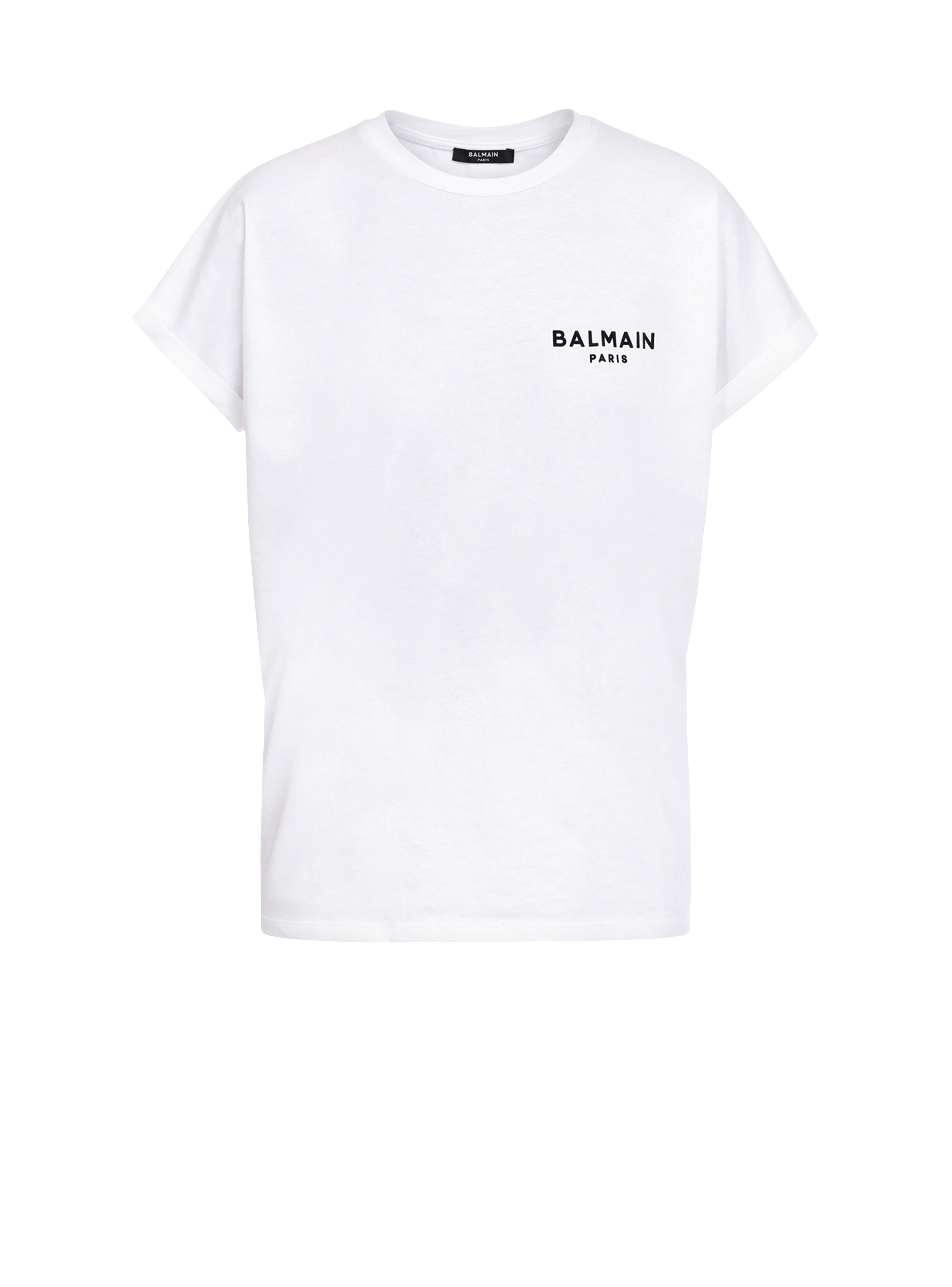 Eco-designed cotton T-shirt with small flocked Balmain logo, white