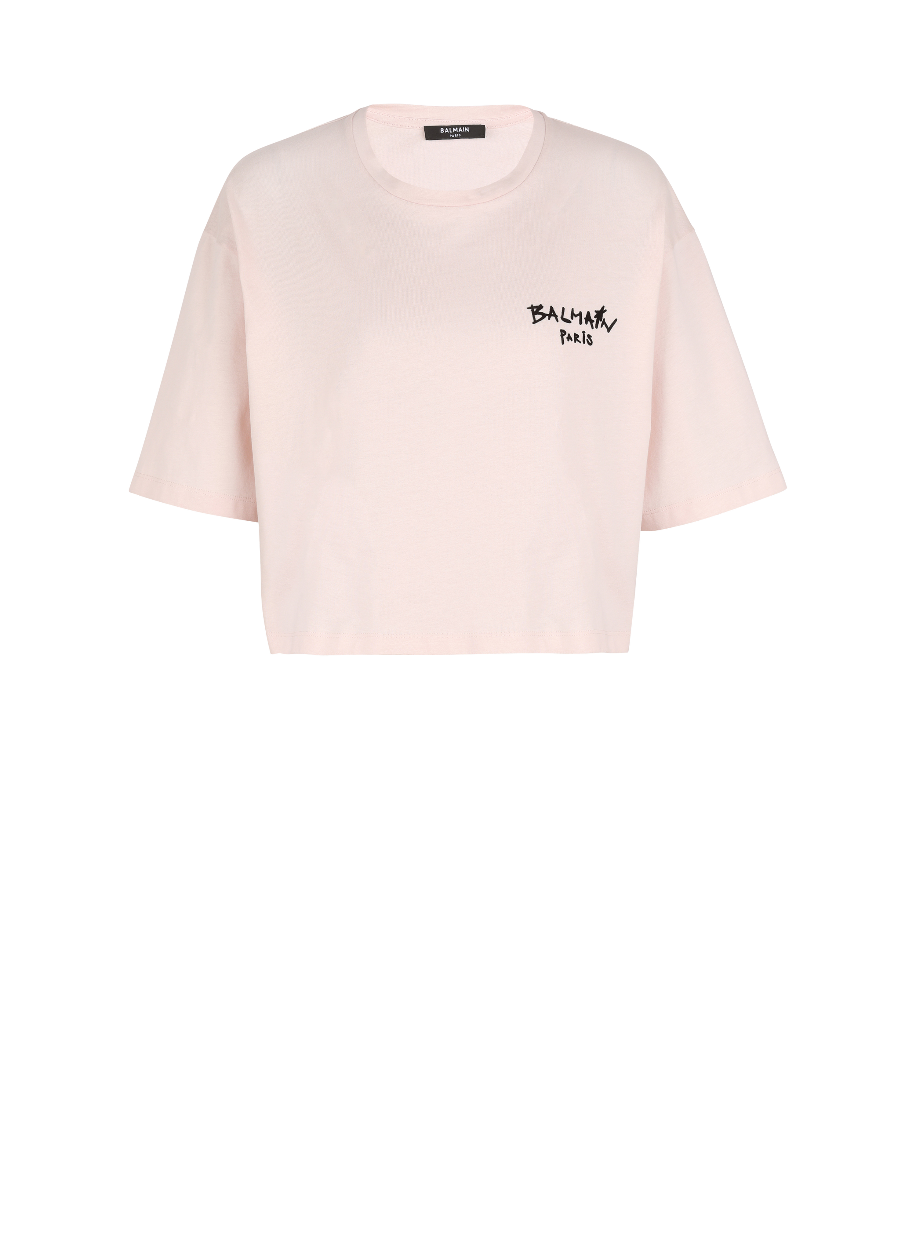 Cropped cotton T-shirt with small flocked graffiti Balmain logo, pink