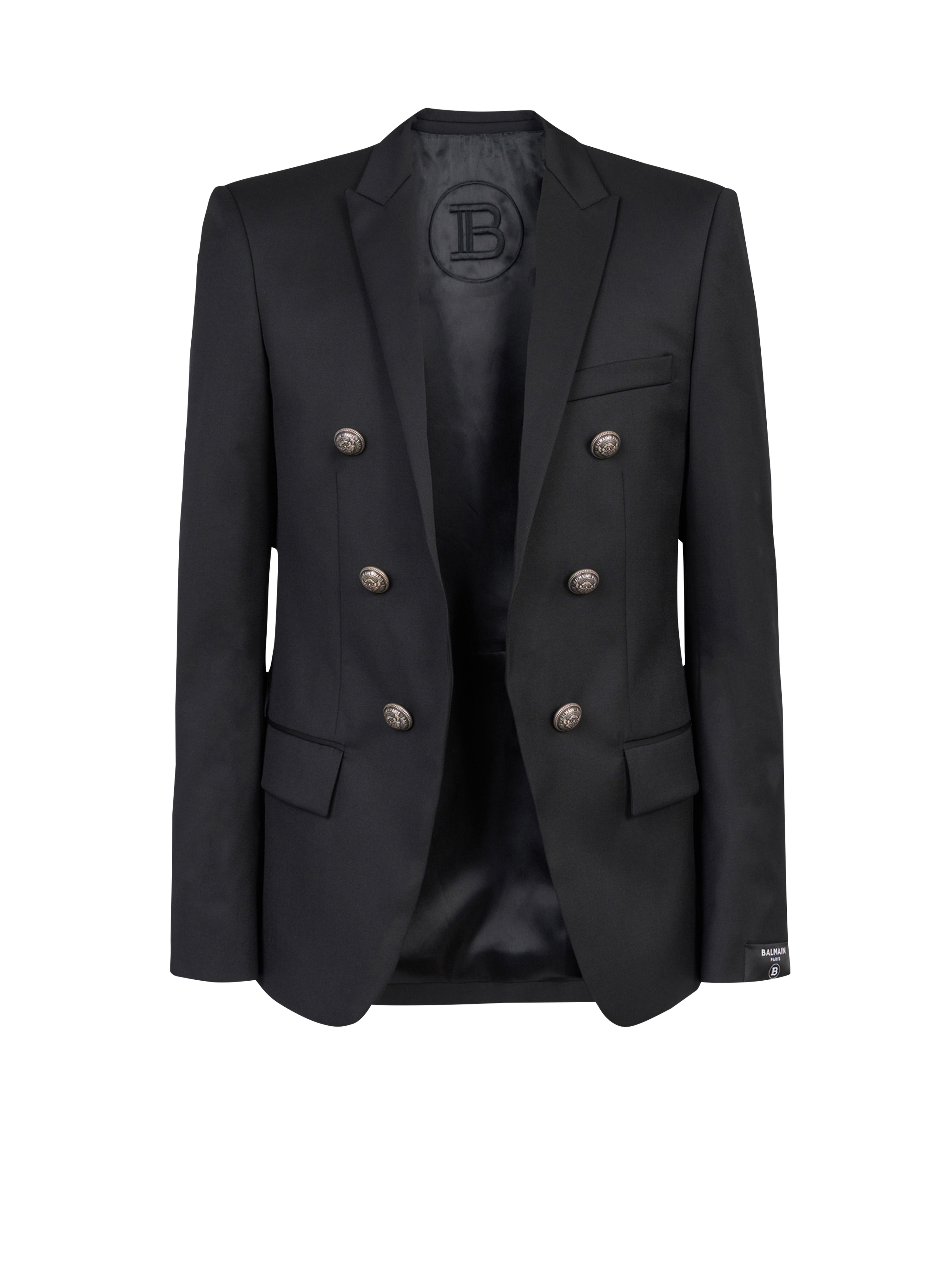 Wool blazer with double-breasted silver-tone buttoned fastening, black