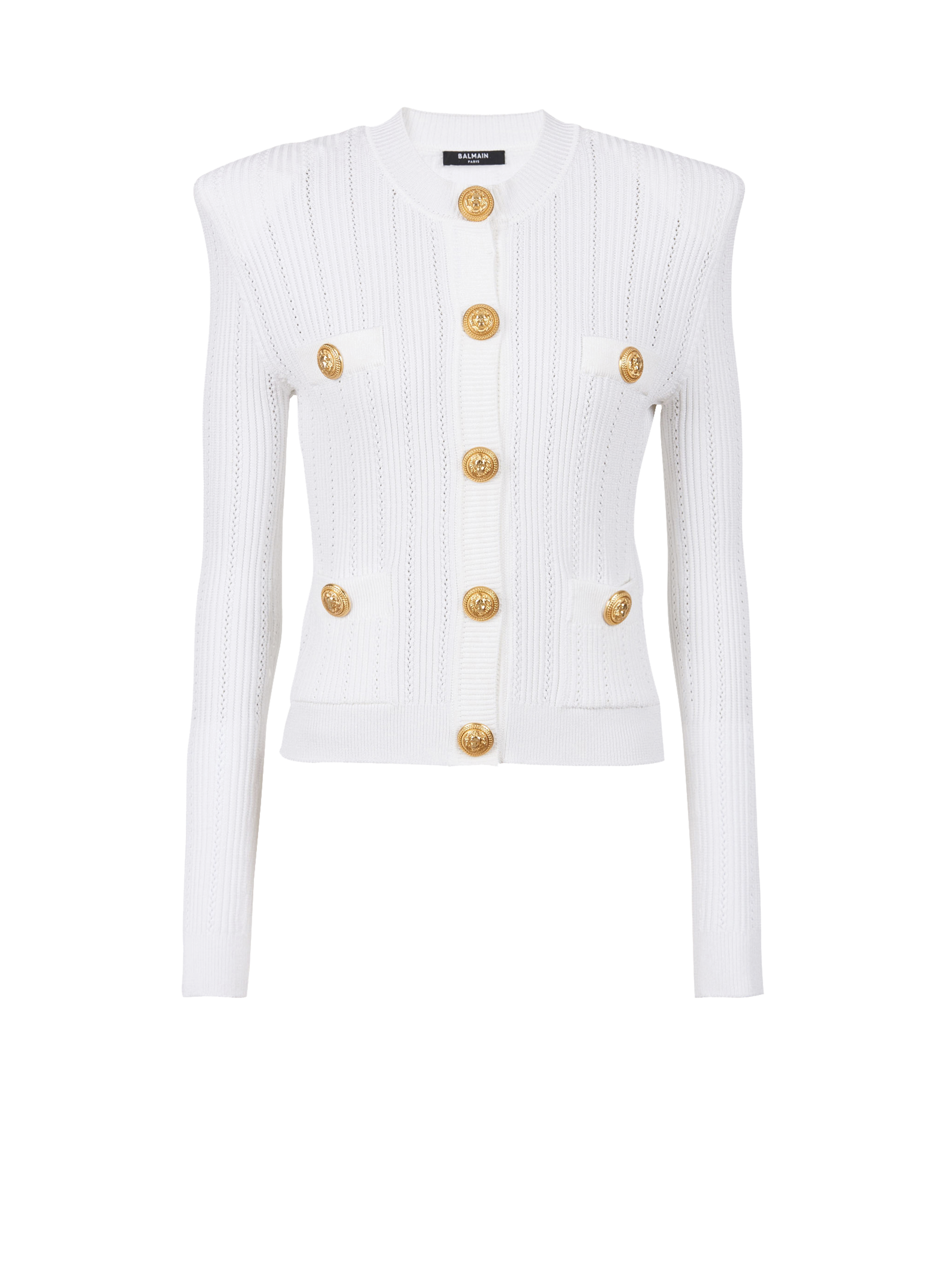 Cropped eco-designed knit cardigan with gold-tone buttons, white