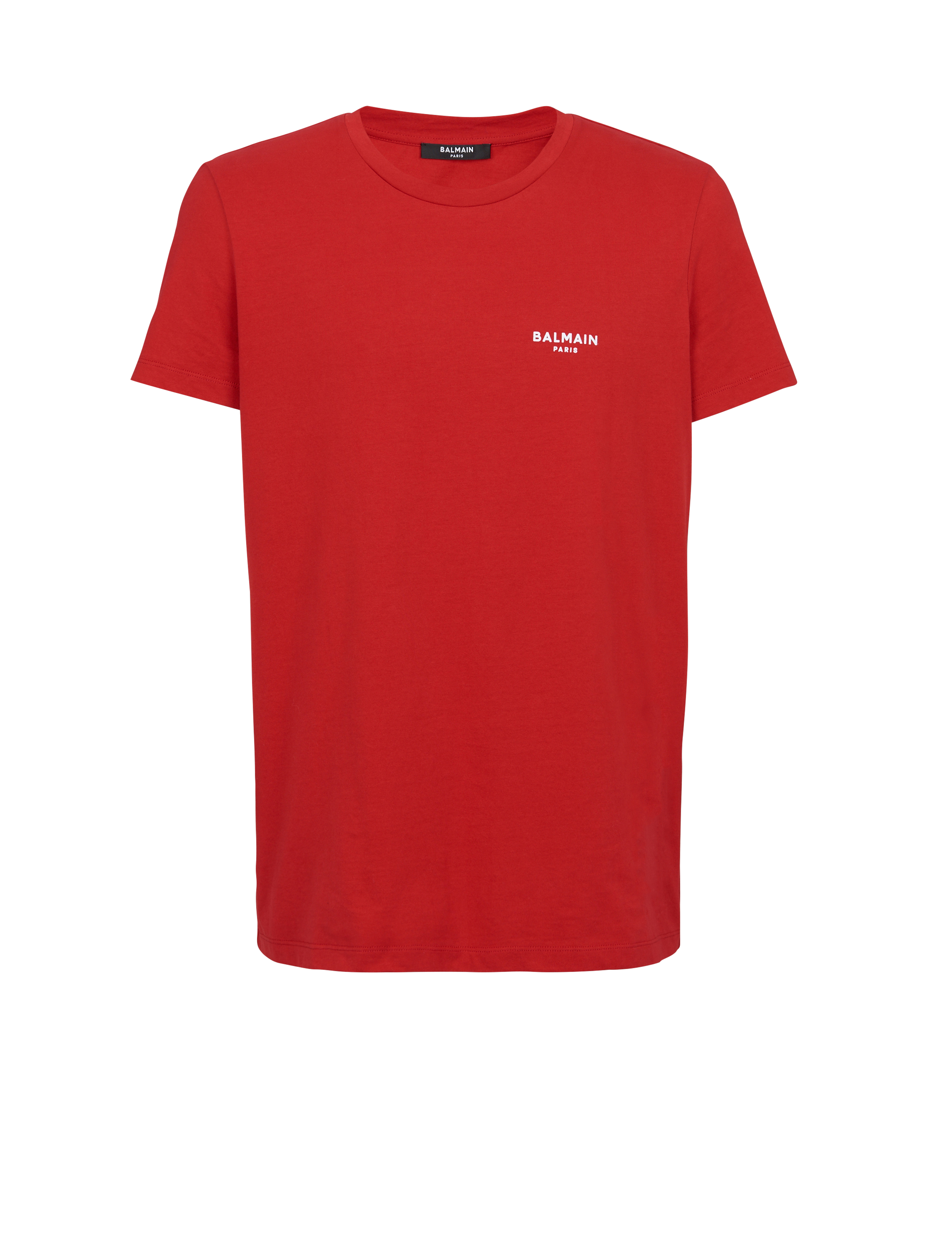 Eco-designed cotton T-shirt with small flocked Balmain Paris logo, red