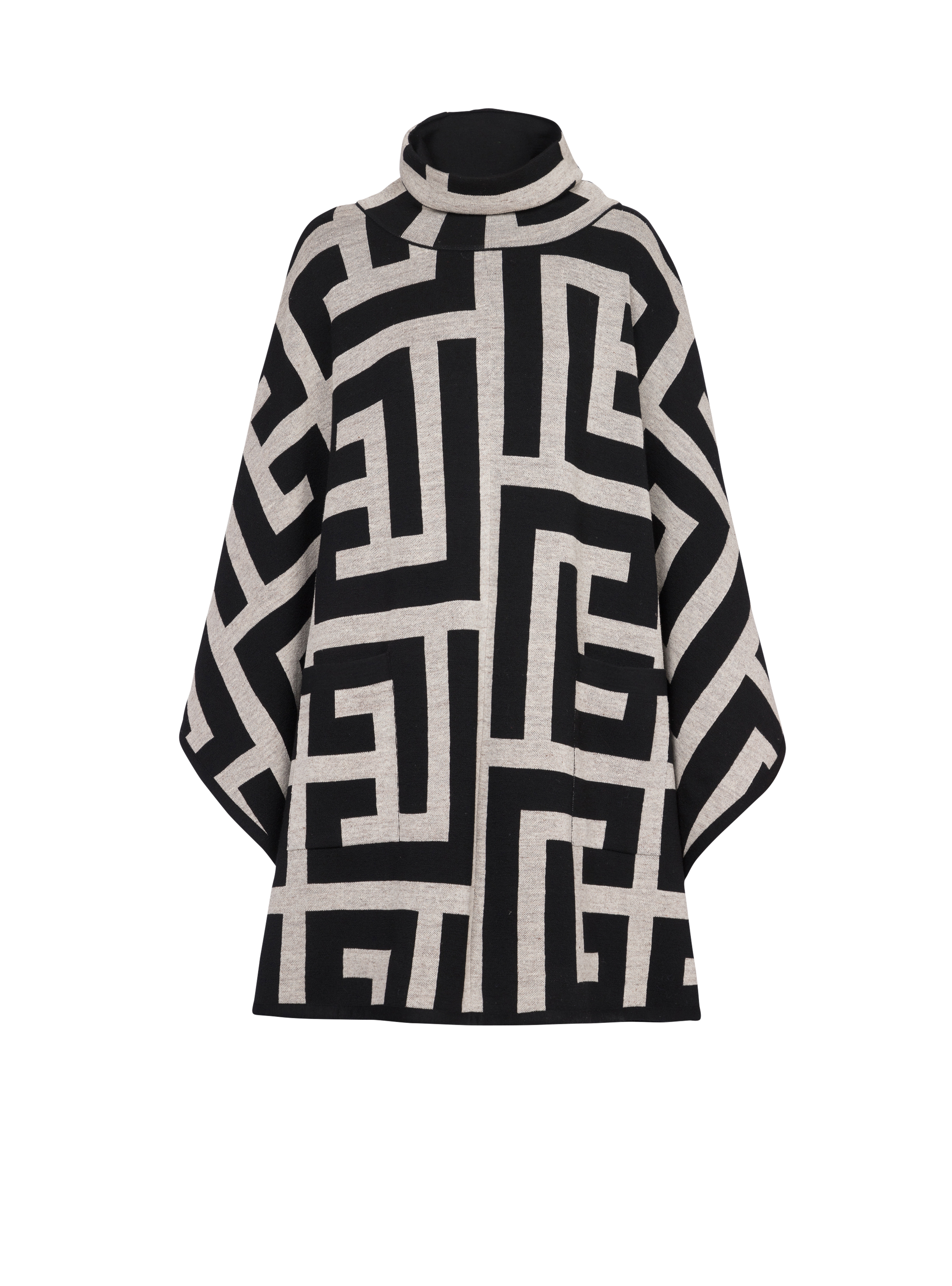 Knit poncho with maxi Balmain monogram print, black