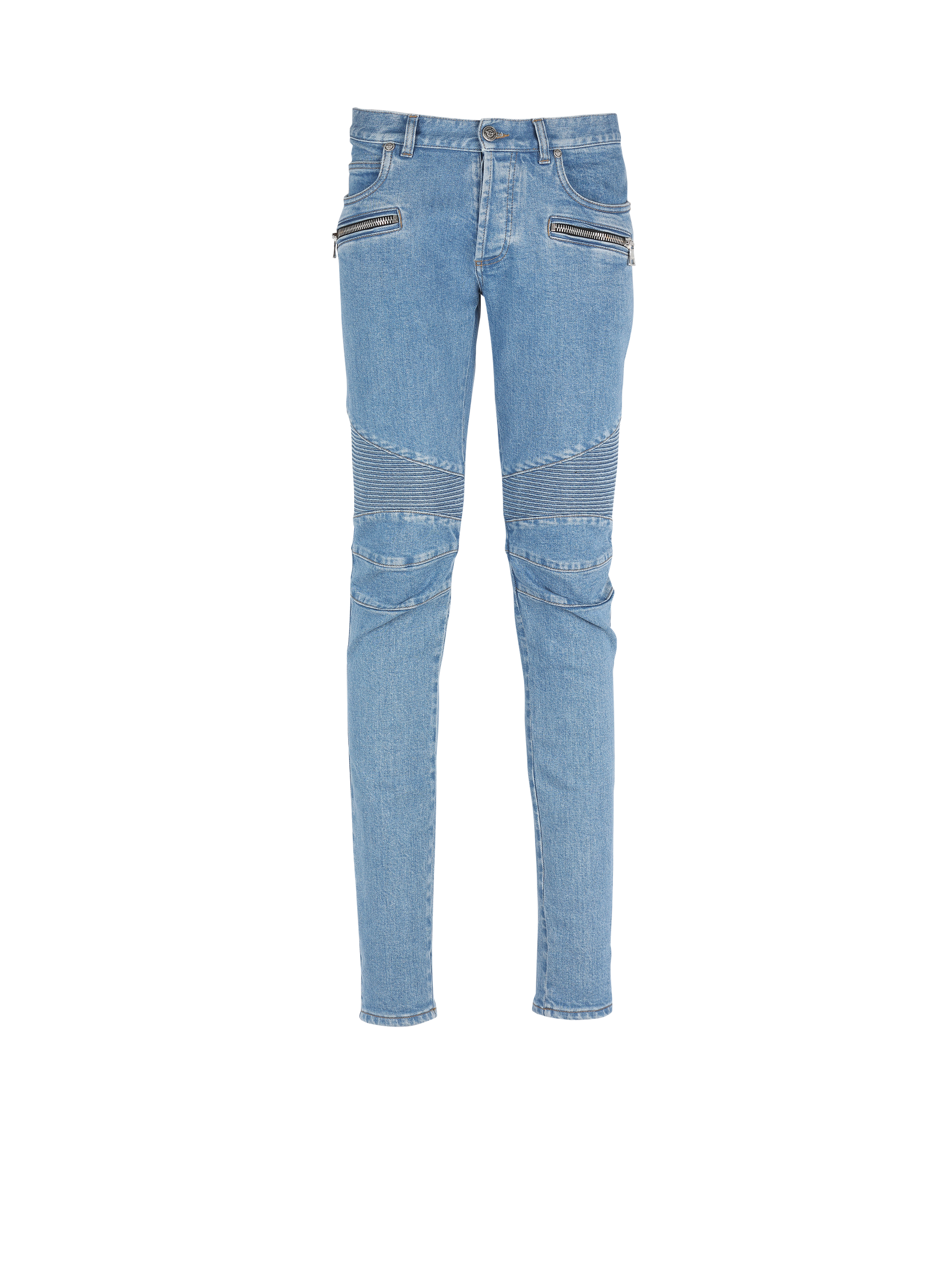 Slim cut ridged cotton jeans with Balmain monogram hem, blue