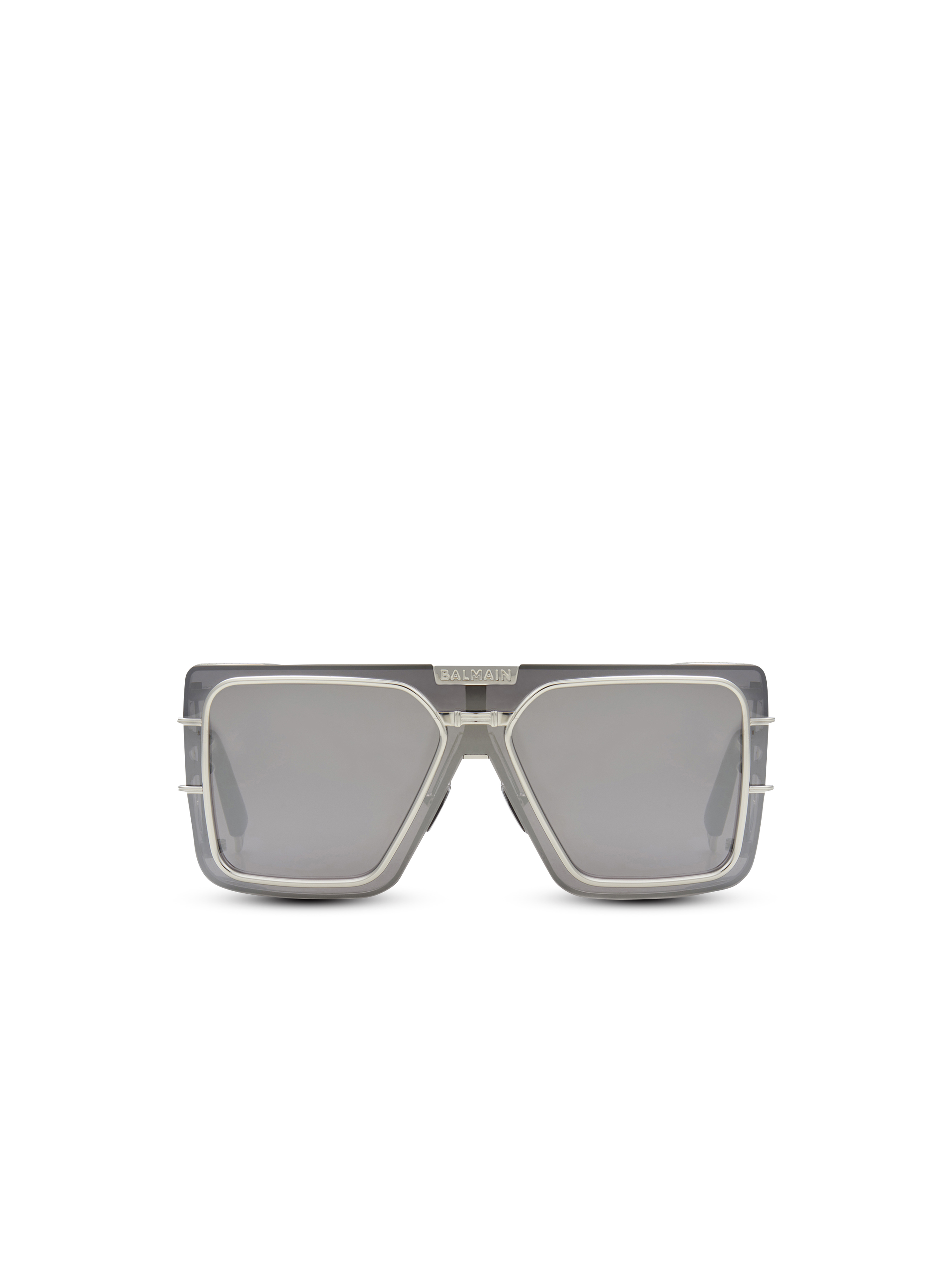 Gold-tone and dark gray titanium shield-shaped Wonder Boy sunglasses, grey