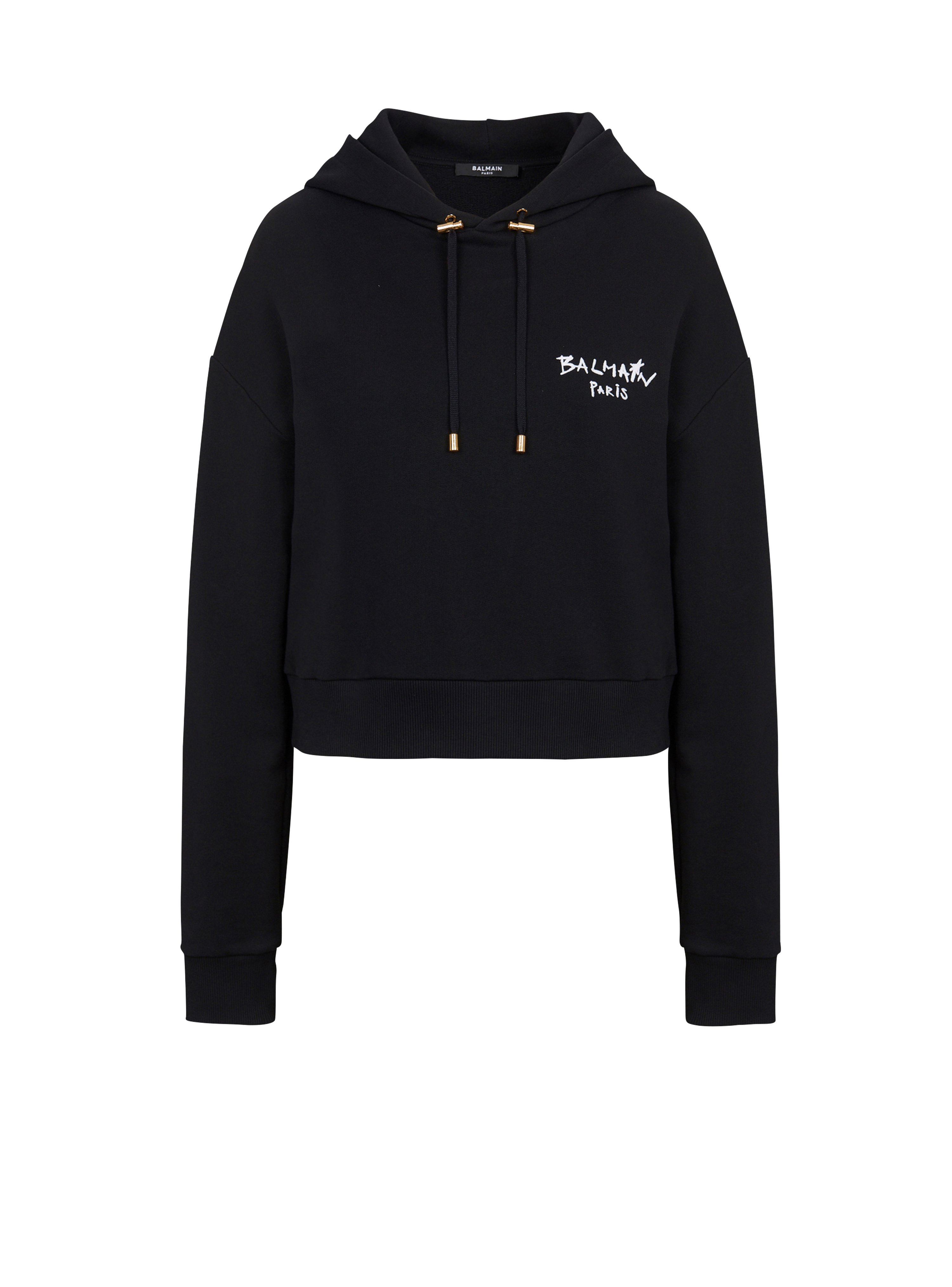Cropped eco-design cotton sweatshirt with flocked graffiti Balmain logo, black