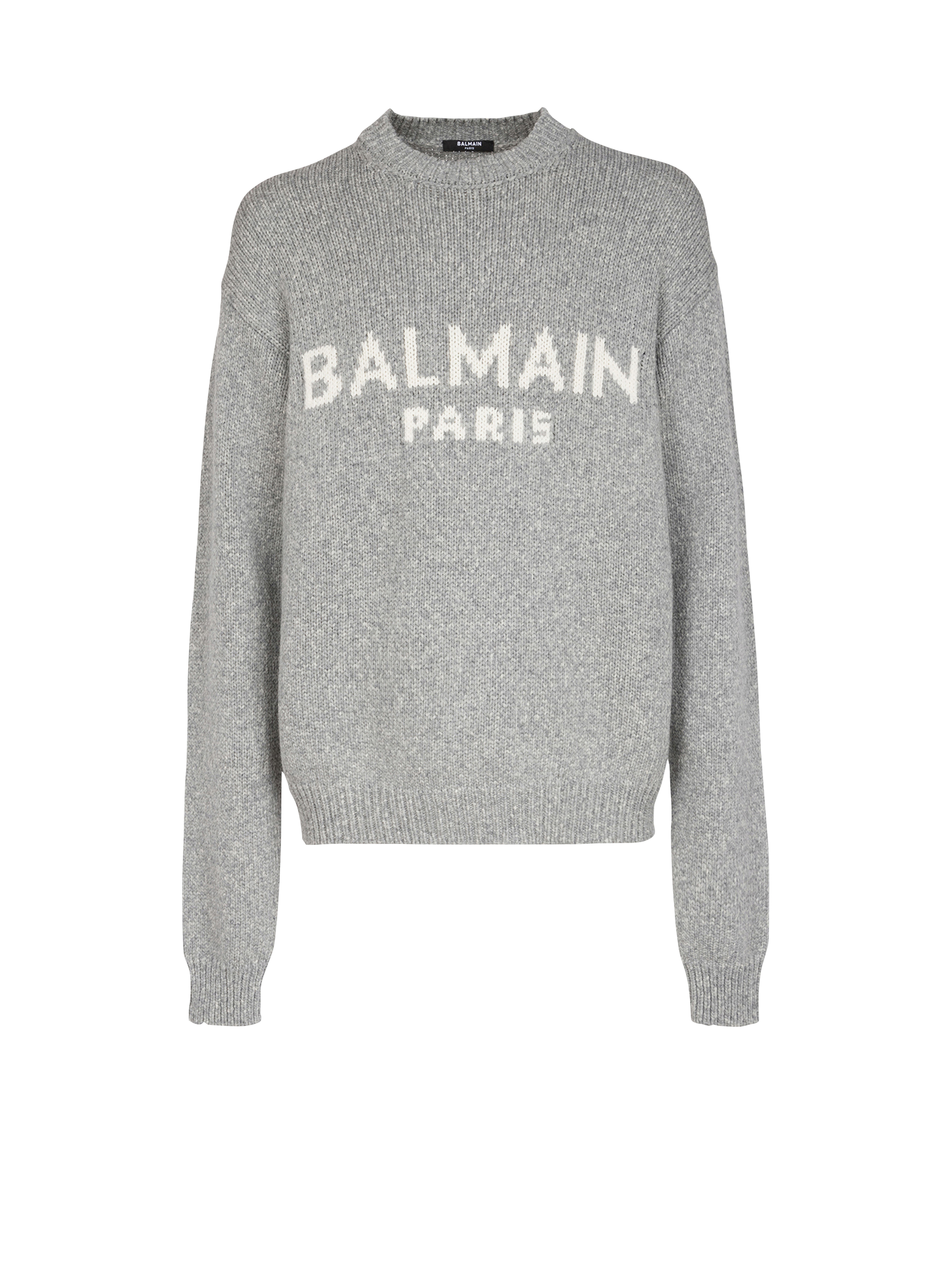 Wool sweater with Balmain Paris logo, grey